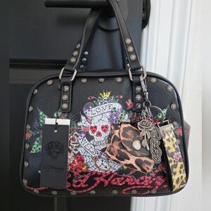 NWT Ed Hardy Black Skull and Leopard Print Charms Women's Bag